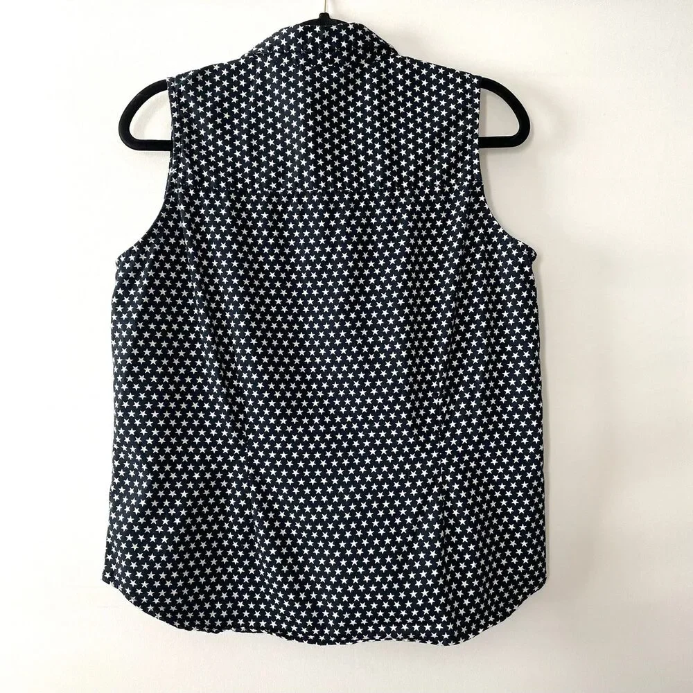 Tantrums Sleeveless Button Front Collared Star Print Cotton Top Size XL